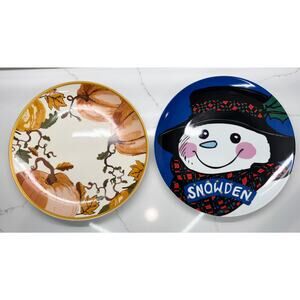 LOT OF 2 - Snowman (Snowden) & Fall Pumpkin Decorative Holiday Plates